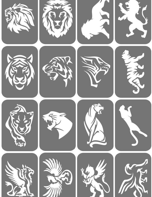 Zestaw szablonów do tatuaży - Lwy, tygrysy, gryfy