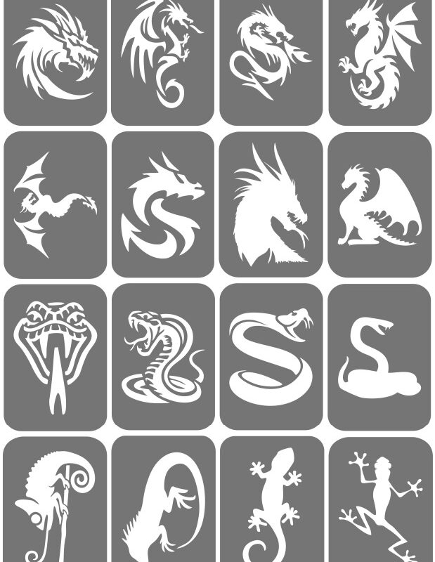 Zestaw szablonów do tatuaży - Smoki, węże